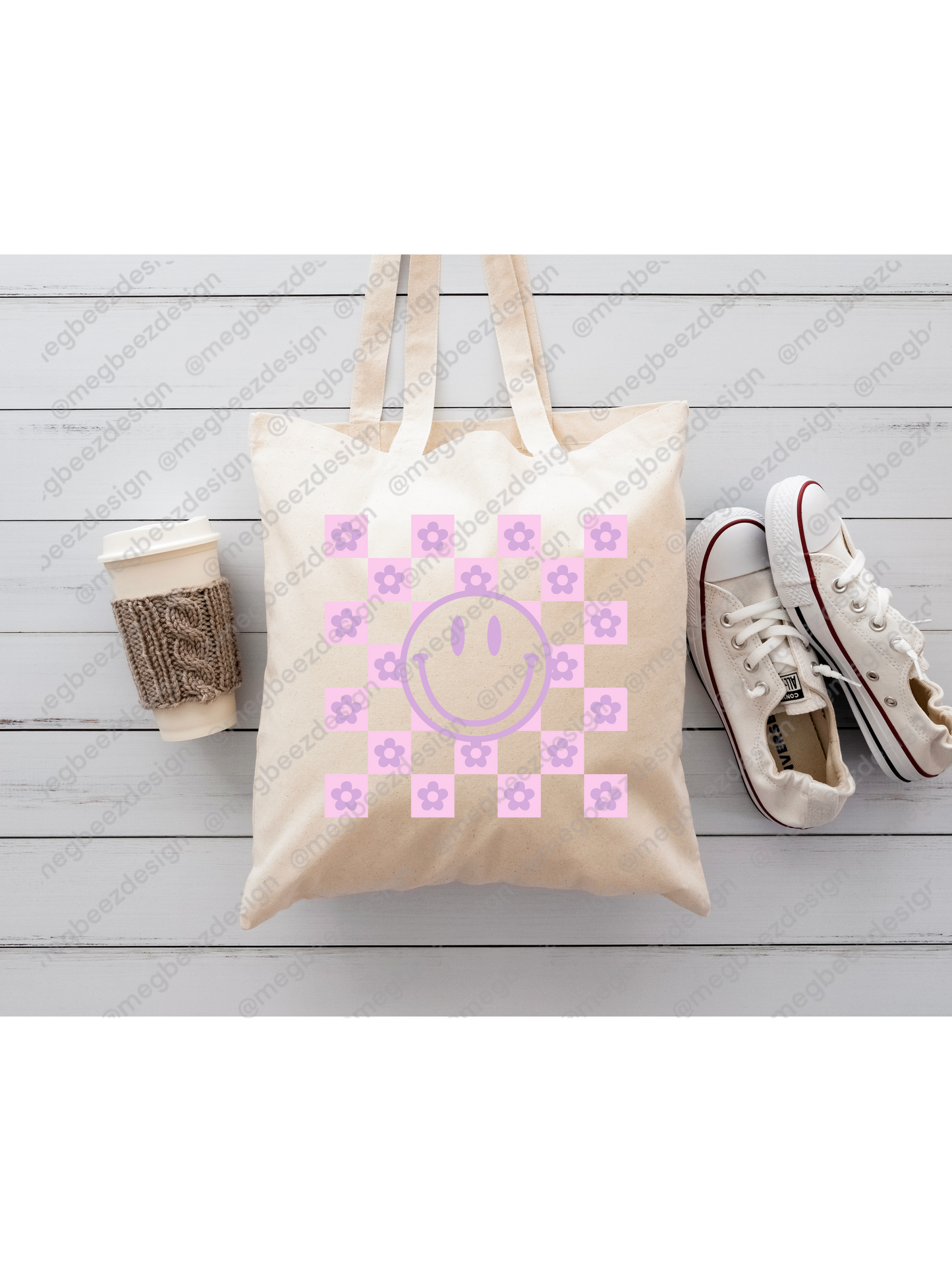 smiley face Beige sublimation tote bag, handmade everyday shopper/eco friendly