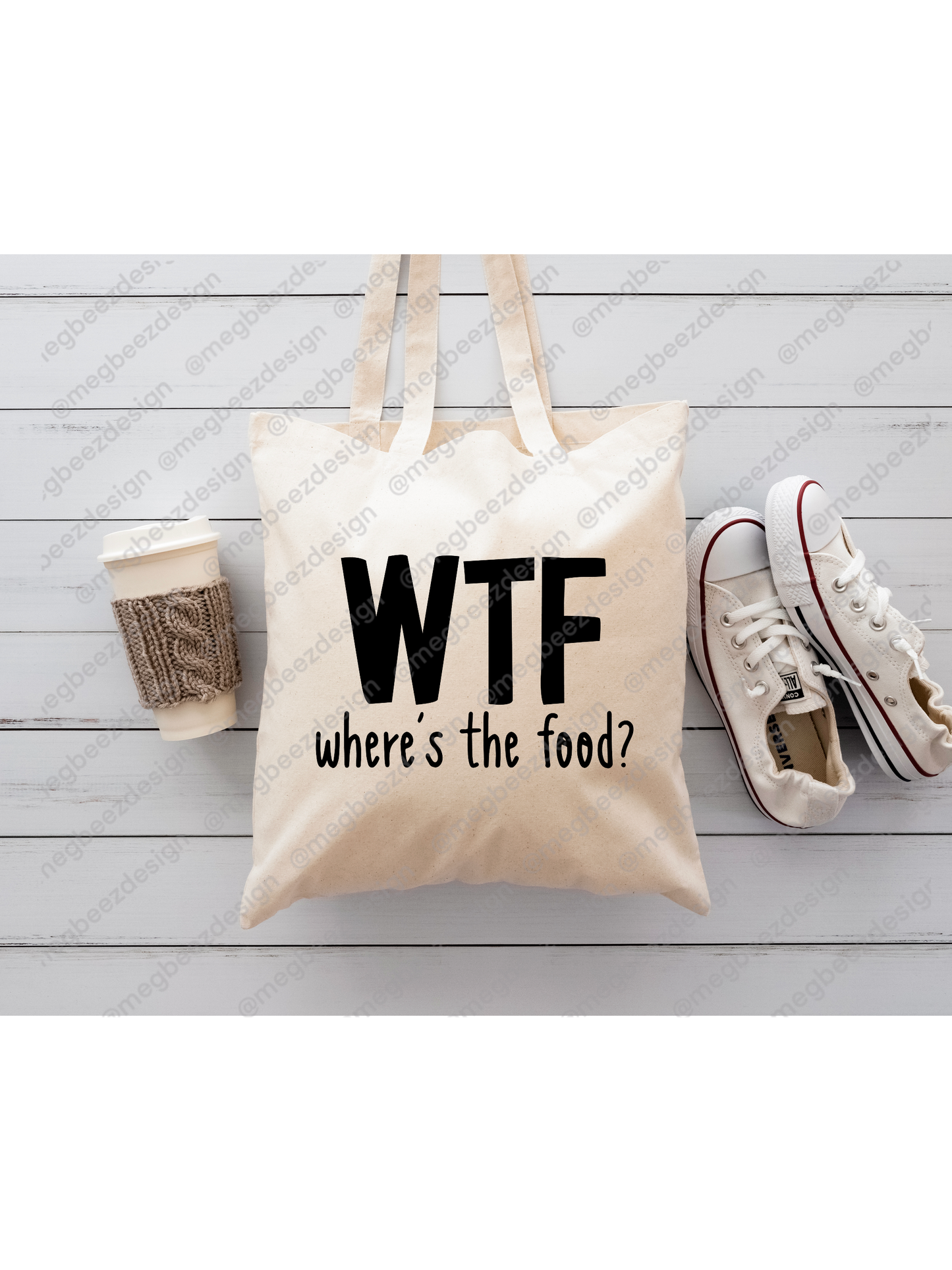 where's the food Beige sublimation tote bag, handmade everyday shopper/eco friendly