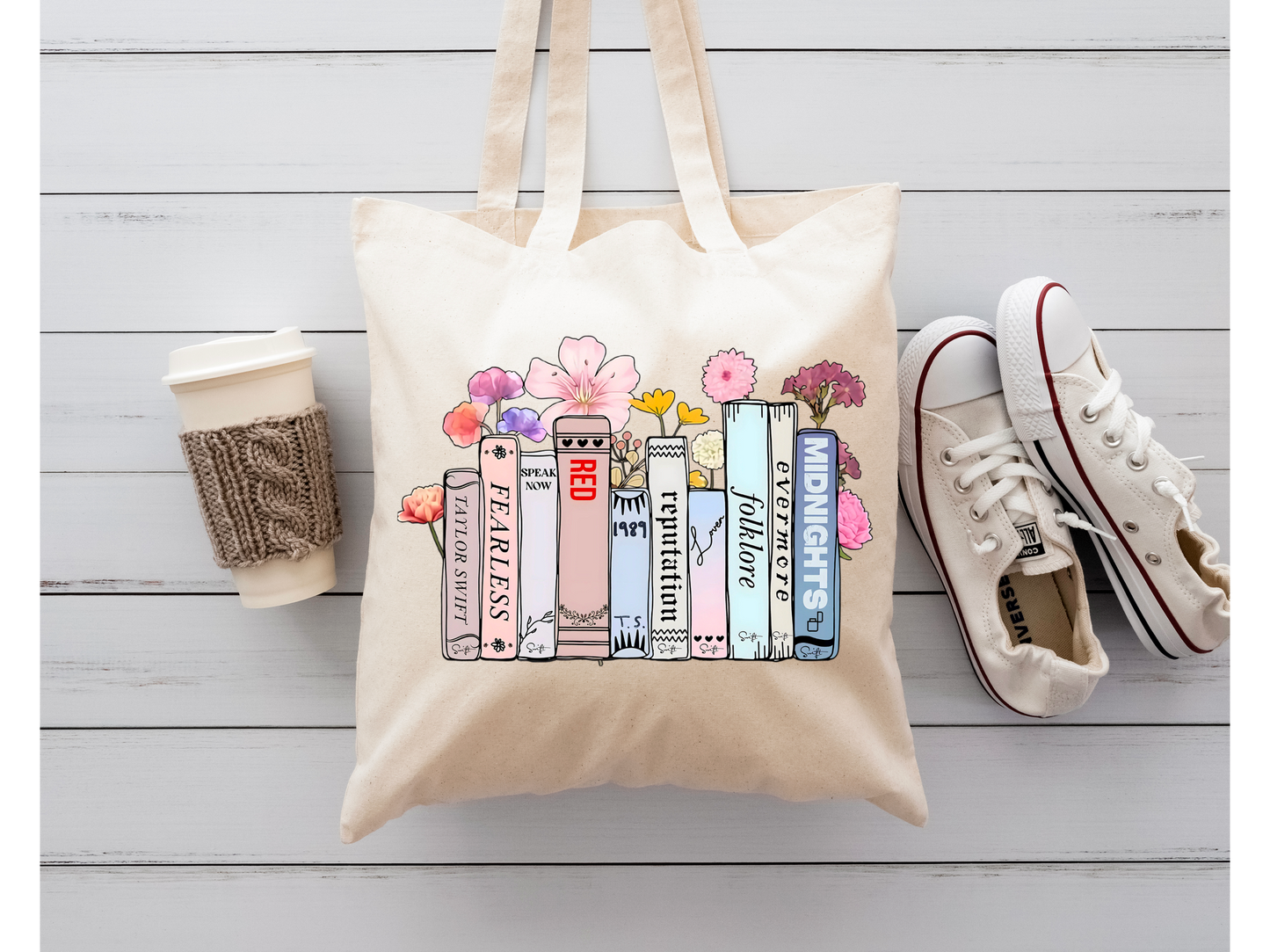 Book Lover Swiftie Tote – Taylor Inspired Floral Book Stack beige tote bag/funny/reusable tote/cute/taylor swift