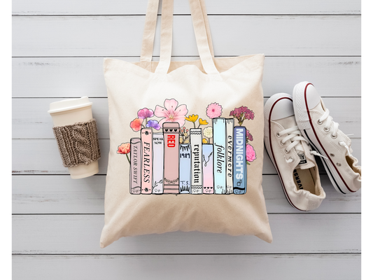 Book Lover Swiftie Tote – Taylor Inspired Floral Book Stack beige tote bag/funny/reusable tote/cute/taylor swift