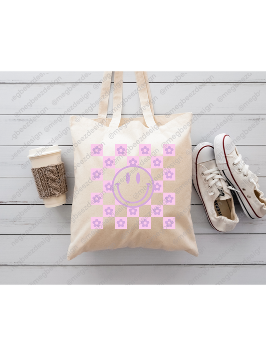 smiley face Beige sublimation tote bag, handmade everyday shopper/eco friendly