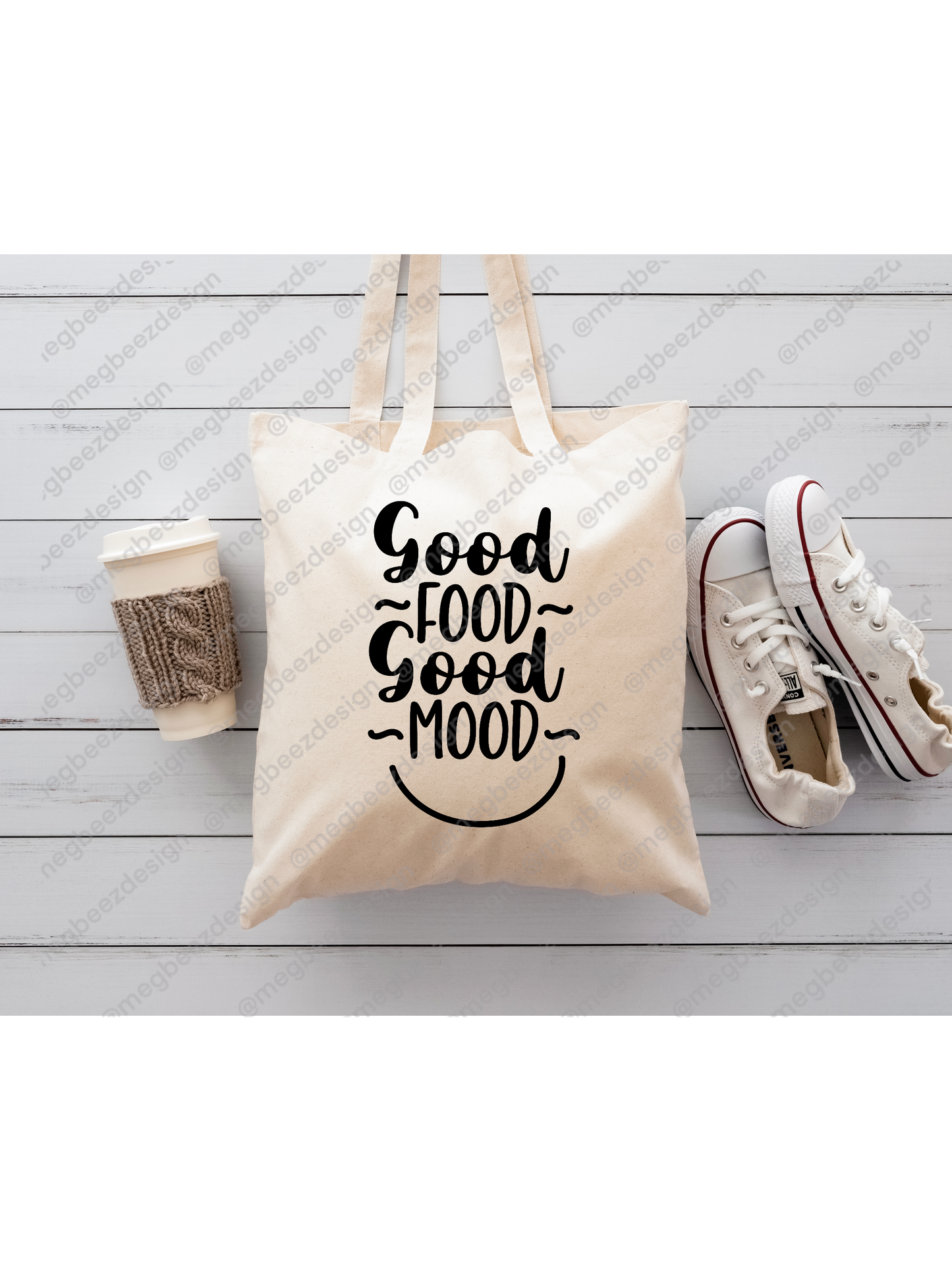 Good food good mood Beige sublimation tote bag, handmade everyday shopper/eco friendly