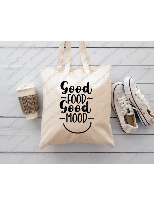 Good food good mood Beige sublimation tote bag, handmade everyday shopper/eco friendly