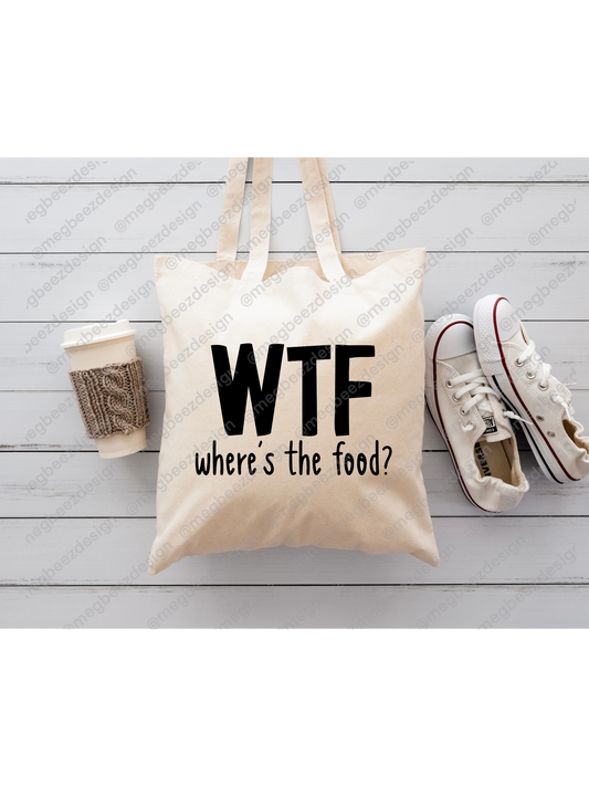 where's the food Beige sublimation tote bag, handmade everyday shopper/eco friendly