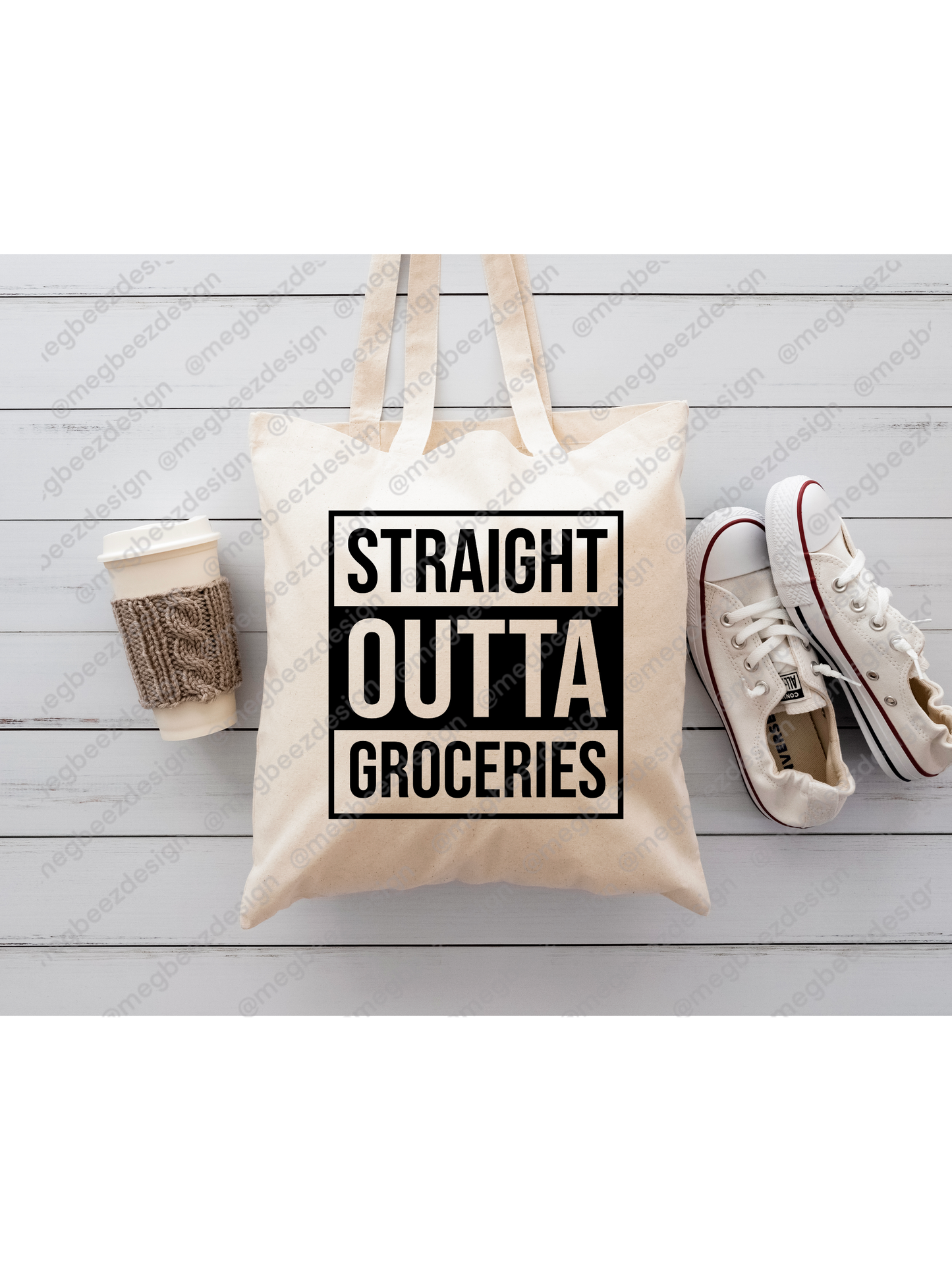straight out of groceries Beige sublimation tote bag, handmade everyday shopper/eco friendly